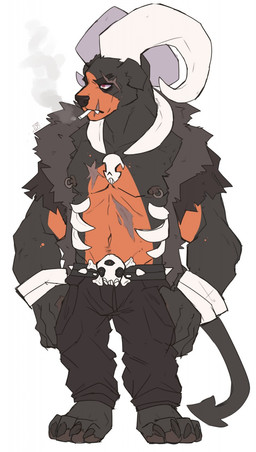 4_toes anthro anthrofied bare_chest barefoot belt belt_buckle big_horn biped black_body black_bottomwear black_claws black_clothing black_eyebrows black_fur black_nipples black_nose black_tail black_topwear bone bottomwear brown_body brown_fur buckle cigarette claws clothed clothing eyebrows facial_scar feet front_view fur fur_trim_(clothing) hand_in_pocket hands_in_both_pockets horn looking_aside male multicolored_body multicolored_fur muscular muscular_anthro muscular_male navel nipple_piercing nipples object_in_mouth pants pecs piercing pockets red_eyes scar shirt_cuffs simple_background smoke smoking solo spade_tail standing tail toe_claws toes topwear two_tone_body two_tone_fur vest white_background hanzotitmada nintendo pokemon canid canine generation_2_pokemon houndoom mammal pokemon_(species) digital_media_(artwork) full-length_portrait hi_res portrait