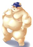 anthro belly blush clothing hat headgear headwear kemono male moobs nipples obese obese_male overweight overweight_male simple_background solo tomoyamaru canid canine canis domestic_dog mammal 2022