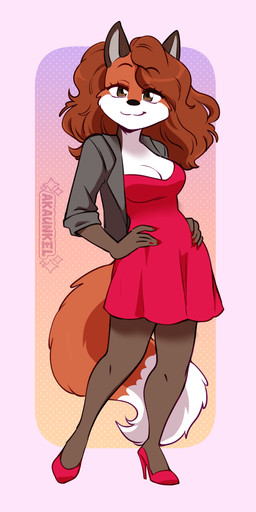 anthro brown_body brown_eyes brown_fur clothed clothing dress female footwear fur hair high_heels jacket multicolored_body multicolored_fur red_body red_fur red_hair shoes solo tail text topwear two_tone_body two_tone_fur akaunkel barkpark_girls anjea_(barkpark_girls) canid canine canis fox mammal 1:2 digital_media_(artwork) hi_res signature