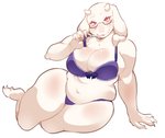 anthro audruwu belly big_breasts boss_monster_(undertale) bovid bra breasts caprine clothed clothing curvy_figure eyewear female fur glasses hi_res horn love_handles mammal mature_anthro mature_female navel panties purple_bra purple_clothing purple_panties purple_underwear red_eyes slightly_chubby solo toriel undertale undertale_(series) underwear underwear_only voluptuous white_body white_fur