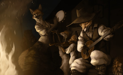 anthro bowed_string_instrument breasts cleavage clothed clothing eyes_closed female fire fully_clothed fur group hat headgear headwear holding_tambourine light male musical_instrument open_mouth open_smile percussion_instrument playing_music plucked_string_instrument sitting smile standing string_instrument tambourine violin whiskers ipoke canid canine fox mammal 2020 lighting