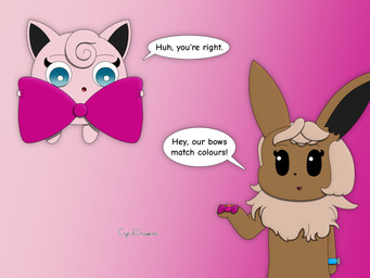 anthro bow_accessory brown_body brown_fur dialogue duo female feral fur gradient_background pink_body pink_fur simple_background speech_bubble text cyrildraws nintendo pokemon lily_the_eevee_(cyrildraws) naomi_the_jigglypuff_(cyrildraws) eevee generation_1_pokemon jigglypuff pokemon_(species) 2026 4:3 artist_name digital_media_(artwork) english_text hi_res shaded signature