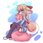 anthro black_clothing black_legwear black_thigh_highs blue_clothing blue_eyes blue_hoodie blue_topwear clothing female fur hair hoodie legwear long_hair paws solo tail thigh_highs topwear yellow_body yellow_fur anakoluth canid canine canis domestic_dog mammal 1:1 hi_res