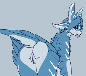 4_ears anthro anus arm_feathers blue_body blue_eyes breasts butt eyewear feathers female genitals glasses hair looking_at_viewer multi_ear nude presenting presenting_anus simple_background smile solo tail tongue tongue_out vaginal yporolsya nesi_(yporolsya) avali digital_media_(artwork)