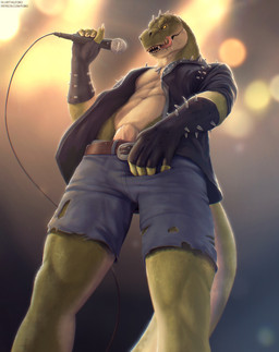 anthro belt bottomwear clothed clothing denim denim_bottomwear denim_clothing denim_shorts electronics genitals green_body green_scales holding_microphone holding_object humanoid_genitalia humanoid_penis licking licking_lips looking_at_viewer looking_down looking_down_at_viewer low-angle_view male microphone muscular muscular_anthro muscular_male open_clothing open_topwear open_vest penis penis_base pupils rock_out_with_your_cock_out scales sharp_teeth shorts slit_pupils solo spiked_vest teeth tongue tongue_out topwear vest yellow_eyes virtyalfobo rocco_(tallion) dinosaur prehistoric_species reptile saurischian scalie theropod tyrannosaurid tyrannosauroid tyrannosaurus tyrannosaurus_rex hi_res