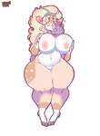 anthro areola belly big_breasts blonde_hair blue_eyes breast_squish breasts curvy_figure female fur hair hand_on_breast headband_only holding_breast hooves legs_together looking_at_self multicolored_body multicolored_fur navel nipples pink_areola pink_nipples simple_background solo squish standing tail thick_thighs voluptuous white_background wide_hips hisuiidraws butterscotch_(void_dew) deer mammal 2022 digital_media_(artwork) hi_res watermark