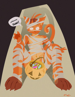 anthro bandage bandaged_arm bandaged_head bandaged_leg blush candy dessert dialogue food front_view fur genitals holidays lying male narrowed_eyes nude on_back orange_body orange_fur orange_penis penis penis_base simple_background solo speech_bubble spread_legs spreading striped_head text oselotti halloween oselotti_(character) domestic_cat felid feline felis mammal 2022 absurd_res english_text hi_res signature