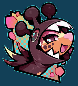 :3 abstract_background ambiguous_feral ambiguous_gender blue_outline brown_body brown_eyes brown_fur brown_spots countershade_face countershade_fur countershading eyeshadow feral fur glistening glistening_eyes hood kemono makeup open_mouth open_smile orange_body orange_fur outline pink_eyeshadow pink_nose pupils reverse_countershading smile solo sparkles spots white_pupils yellow_body yellow_fur zhang_gun nintendo pokemon farigiraf generation_9_pokemon pokemon_(species) 2022 digital_drawing_(artwork) digital_media_(artwork) headshot_portrait icon portrait shaded