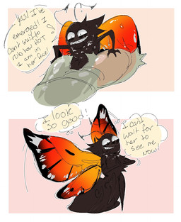 4_legs 4_wings arthropod_abdomen black_body bodily_fluids chrysalis dialogue eyespots flying folded_wings head_tuft insect_wings lepidopteran_wings markings multi_wing multicolored_wings nude orange_wings pink_background pupils quadruped ruff simple_background small_pupils solo spread_wings sweat teeth text thought_bubble toothy_grin tuft wings bileshroom disney hoppers_(disney) pixar titus_(hoppers) arthropod butterfly insect lepidopteran taur 2026 digital_media_(artwork) english_text hi_res