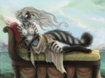 anthro aphrodite_(deity) arm_hold belt bracelet braided_hair breasts chaise_lounge civet classical claws clothed clothing cloud conch crossed_ankles cushion deity detailed_background digitigrade european_mythology female fluffy fluffy_tail foam fur furniture greek_mythology hair inspired_by_formal_art jewelry long_hair mammal mythology nipples outside pillow purple_eyes reclining sea shinigamigirl sky sofa solo stripes swag_drapes tail tassels topless venus_victrix_(artwork) viverrid water water_spray wet white_body white_fur white_hair