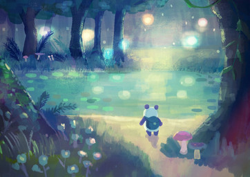 anthro backpack biped black_body black_fur chibi detailed_background fur multicolored_body multicolored_fur outside solo two_tone_body two_tone_fur white_body white_fur araru bear giant_panda mammal 2020
