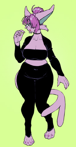 4_toes 5_fingers anthro anthrofied barefoot belly big_breasts big_ears biped black_choker black_clothing black_jewelry black_leggings black_legwear black_necklace black_topwear black_tube_top breasts choker claws clothed clothed_anthro clothing collarbone curvy_figure digitigrade feet female female_anthro fingers fully_clothed fully_clothed_anthro green_background hair hair_bun jewelry leggings legwear looking_aside monotone_body monotone_hair multicolored_ears necklace pink_claws pink_hair pokemorph purple_body purple_eyes simple_background slightly_chubby solo standing thick_thighs toes topwear tube_top two_tone_ears voluptuous voluptuous_female wide_hips zeighous nintendo pokemon fan_character eeveelution espeon felid feline generation_2_pokemon mammal pokemon_(species) 2025 absurd_res digital_drawing_(artwork) digital_media_(artwork) full-length_portrait hi_res portrait