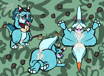anthro backsack balls big_balls big_butt big_penis blue_body blush bodily_fluids butt butt_squish cum cum_drip cum_in_vagina cum_inside dripping feet feet_up female from_front_position genital_fluids genitals larger_female leaking_cum lying male male/female mating_press messy on_back pawpads paws penis sex size_difference smaller_male soles spread_legs spreading squish sweat tail thick_tail thick_thighs blizzate amber_isle nellie_woodhorn ceratopsian ceratopsid chasmosaurine dinosaur marginocephalian ornithischian prehistoric_species reptile scalie triceratops 2025 dated digital_media_(artwork)