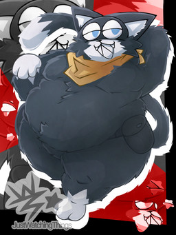 anthro armpit_hair belly belly_hair belly_tuft belt big_belly big_butt black_body black_fur black_nose blue_eyes body_hair breasts butt chest_tuft fangs fluffy fur hand_behind_head hanging_belly kerchief looking_at_viewer love_handles male markings mask null overweight overweight_male smile smirk solo tail tail_markings teeth thick_thighs tuft utility_belt walking white_body white_fur justwatchingthings persona_(series) persona_5 morgana_(persona) domestic_cat felid feline felis mammal tuxedo_cat 3:4 hi_res