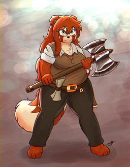 anthro axe belly belt big_belly big_tail biped bottomwear breasts cleavage clothed clothing eyewear fangs female freckled_face freckles fur fur_markings glasses hair holding_axe holding_object jewelry long_hair markings necklace overweight overweight_anthro overweight_female pants shirt solo sweater sweater_vest tail teeth thick_thighs topwear vest wearing_glasses wide_hips pabord ritsuko_(pabord) ailurid mammal red_panda 2026 absurd_res digital_drawing_(artwork) digital_media_(artwork) hi_res signature