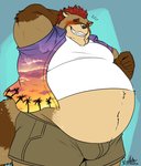 anthro belly blush bottomwear brown_body brown_fur bulge clothed clothing fur humanoid_hands male open_clothing open_shirt open_topwear overweight overweight_anthro overweight_male shirt shorts solo topwear deadanthro canid canine mammal raccoon_dog tanuki 2020