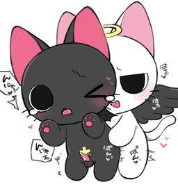 anal anal_penetration animal_genitalia animal_penis balls black_body black_fur blush bodily_fluids chibi cum duo erection fangs feathered_wings feathers feline_genitalia feline_penis feral feral_on_feral from_behind_position fur genital_fluids genitals halo heart_symbol leaking_cum male male/male narrowed_eyes nude one_eye_closed pawpads penetration penis pink_penis precum semi-anthro sex simple_background small_penis standing standing_doggystyle standing_sex tail tears teeth text thrusting white_background white_body white_fur wings taoru nyanpire nyanpire_(character) nyatenshi_(nyanpire) angel domestic_cat felid feline felis mammal 2020 absurd_res digital_drawing_(artwork) digital_media_(artwork) hi_res japanese_text unavailable_at_source
