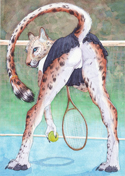 anthro ball bent_over bottomwear bottomwear_pull camel_toe clothing clothing_pull female pants rear_view skirt skirt_pull solo sport tennis tennis_ball dimasbka cheetah felid feline mammal hi_res painting_(artwork) watercolor_(artwork)