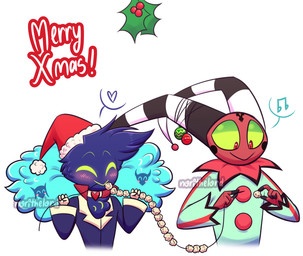 4_fingers accidental_holly aged_down anthro black_fingertips blue_body blue_clothing blue_feathers blue_shirt blue_topwear blush blush_lines chest_tuft christmas_clothing christmas_decorations christmas_headwear christmas_ornament clothing clown_costume decorating duo eating_popcorn feather_hair feathers fingers fluffy fluffy_chest food forehead_tattoo green_clothing green_eyes green_onesie green_sclera hat headgear headwear heart_symbol holidays holly_(plant) horn male merry_christmas musical_note musical_symbol onesie ornament plant popcorn pseudo_hair red_body red_eyes red_skin santa_hat shirt simple_background small_hands smile string striped_horn stripes symbol text topwear tuft white_background young norithelord christmas hellaverse helluva_boss asmodeus_(helluva_boss) fizzarolli_(helluva_boss) avian avian_demon bird chicken demon galliform humanoid imp phasianid 2022 artist_name english_text half-length_portrait hi_res portrait watermark