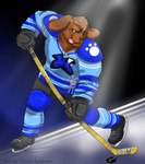 anthro blue_eyes brown_body brown_fur floppy_ears fur hamilton_wanderers hockey hockey_gloves hockey_jersey hockey_puck hockey_rink hockey_stick ice_skates ice_skating male neck_tuft solo sport spotlight tape tongue tongue_out tuft feiona devin_d_parlett canid canine canis domestic_dog mammal molosser mountain_dog newfoundland_dog colored digital_media_(artwork) hi_res