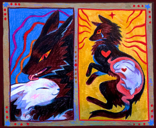 after_vore ambiguous/ambiguous ambiguous_gender black_body black_fur blue_background bodily_fluids cheek claws crying duo eyes_closed feral fluffy fur fuzzy head_lick heart_symbol hug internal licking long_ears looking_at_another looking_at_viewer neck_tuft orange_background orange_eyes organs pointy_ears predator/prey prick_ears romantic short_tail simple_background size_difference sleeping smile soft_vore stomach symbolism tail tears teeth tongue tongue_out tuft vore white_body white_fur x-ray_view fernwhisker canid canine canis lagomorph leporid mammal rabbit wolf colorful_theme hi_res multiple_images traditional_media_(artwork)