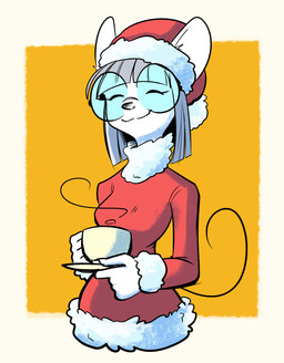 anthro christmas_clothing christmas_headwear clothing eyewear female fur glasses grey_hair hair hat headgear headwear holidays santa_hat smile solo white_body white_fur ethan8bit christmas esther_(ethan8bit) mammal mouse murid murine rodent hi_res