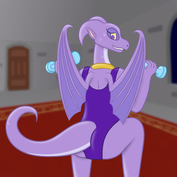 anthro bodily_fluids butt clothed clothing detailed_background dumbbell exercise female inside jewelry looking_at_viewer membrane_(anatomy) membranous_wings pendant smile solo sweat tail weights wings sharkinwaves mythology reversal_of_the_heart dragon mythological_creature mythological_scalie scalie 1:1 hi_res