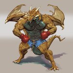 abs anthro biceps blue_eyes bottomwear boxing_gloves claws clothed clothing handwear horn male membrane_(anatomy) membranous_wings pecs shorts solo topless wings yellow_body pacelic european_mythology mythology gaeus dragon mythological_creature mythological_scalie scalie western_dragon absurd_res hi_res