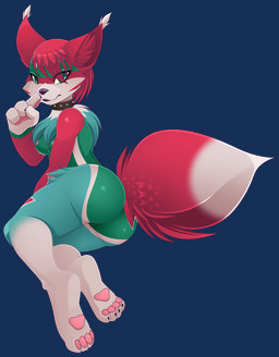 anthro areola biped black_nose breasts claws collar collar_only countershade_face countershade_fur countershading digitigrade dipstick_tail ear_tuft eyebrows female fluffy fluffy_tail fur gloves_(marking) green_body green_fur grey_body grey_fur hair inner_ear_fluff leg_markings looking_aside markings medium_breasts multicolored_body multicolored_fur nipples nude pawpads red_body red_fur red_hair red_inner_ear_fluff short_hair socks_(marking) solo spiked_collar spikes tail tail_markings toe_claws tuft white_body white_countershading white_fur white_markings b-ern canid canine fox mammal 2026 alpha_channel hi_res