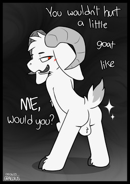 2_horns anthro backsack balls bedroom_eyes biped black_background black_border black_eyebrows black_hooves blush border butt curled_horn dialogue dipstick_tail eyebrows fur fur_markings genitals grey_background grey_body grey_fur grey_horn grey_markings grey_tail grey_tail_tip hair half-closed_eyes hooved_plantigrade hooved_toes hooves horn light_body light_fur male male_anthro markings monotone_body monotone_fur narrowed_eyes nude nude_anthro nude_male open_mouth perineum plantigrade presenting presenting_hindquarters red_blush red_eyes scut_tail seductive short_tail shota simple_background smug snout solo sparkles standing tail tail_markings teeth text two_tone_tail white_arms white_balls white_body white_butt white_ears white_fur white_hair white_legs white_perineum white_tail white_text year young graedius_(artist) bovid caprine goat mammal 2023 artist_name dated digital_media_(artwork) english_text flat_colors signature