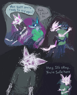 animal_genitalia animal_penis anthro anthro_on_anthro blue_body blue_fur blue_nose canine_genitalia canine_penis clothing comforting dialogue duo erection fur furniture genitals green_clothing green_shirt green_t-shirt green_topwear hug knot male male/male open_mouth open_smile penis pink_nose scared shirt smile sofa speech_bubble t-shirt text topwear demensa emil_(demensa) canid canine canis coyote domestic_dog hybrid mammal 2019 digital_media_(artwork) english_text hi_res pixel_(artwork)