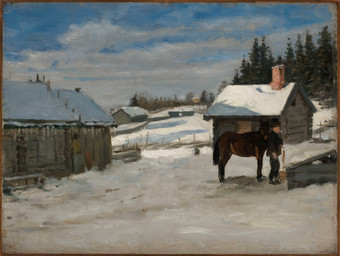 ambiguous_feral ambiguous_gender biped brown_body building chimney clothed clothed_human clothing cloud detailed_background duo evergreen_tree feral forest hat headgear headwear house looking_aside outside pine_tree plant quadruped side_view sky snow standing tail tree adolf_becker equid equine horse human mammal 1879 19th_century ancient_art hi_res oil_painting_(artwork) painting_(artwork) traditional_media_(artwork) traditional_painting_(artwork)