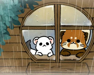 biped brown_body brown_fur chibi dot_eyes duo feral fur inside kemono raining simple_eyes white_body white_fur shi_nominmin ailurid mammal mustelid musteline red_panda stoat true_musteline weasel 2021 5:4 animated no_sound short_playtime video