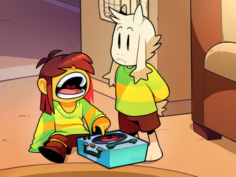 anthro brown_hair clothing duo fur green_clothing green_shirt green_topwear hair horn inside male parody shirt sitting topwear white_body white_fur yellow_body akanemnon deltarune disney lilo_and_stitch undertale undertale_(series) asriel_dreemurr kris_dreemurr bovid caprine goat human mammal 2025 hi_res nonbinary_(lore)
