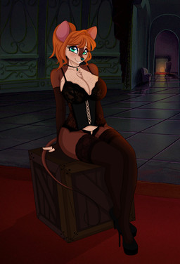 anthro bangs blush bra breasts chest_tuft choker clothing corset eyelashes eyeshadow female footwear freckled_breasts freckled_chest freckled_face freckles gloves green_eyes hair handwear high_heels jewelry lace_bra legwear lingerie long_eyelashes makeup necklace orange_hair ponytail pose purple_eyeshadow shoes sitting smile solo stockings topwear tuft underwear conditional_dnp m1dnightleop4rd an_american_tail don_bluth bridget_(an_american_tail) mammal mouse murid murine rodent hi_res pinup