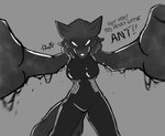 angry anthro black_body clothing dialogue dripping female first_person_view goop goopy hair latex reflective_body short_hair smile smirk solo tight_clothing gwf epic_games fortnite chaos_director_(fortnite) canid canine fox mammal absurd_res hi_res