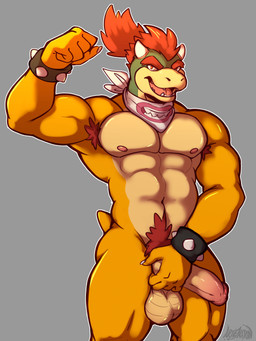 abs aged_up anthro armpit_hair balls biceps body_hair erection genitals grey_background hair hand_on_penis horn humanoid_genitalia humanoid_penis kerchief kerchief_only looking_at_viewer male muscular muscular_anthro muscular_male nipples non-mammal_balls non-mammal_nipples nude open_mouth pecs penis pubes red_hair simple_background smile solo standing tail teeth tongue artejaxton mario_bros nintendo bowser_jr. koopa scalie 3:4 absurd_res digital_media_(artwork) hi_res