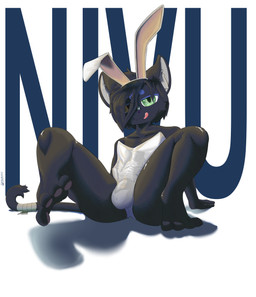 anthro bandage biped black_body black_fur black_hair bulge bunny_costume clothed clothing costume crossdressing detailed_bulge erection erection_under_clothing fake_ears fake_rabbit_ears feet femboy fur genital_outline green_eyes hair hair_over_eye licking licking_lips licking_own_lips looking_at_viewer male male_anthro one-piece_swimsuit one_eye_obstructed pawpads penis_outline self_lick simple_background sitting solo spread_legs spreading swimwear tail text tongue tongue_out translucent translucent_clothing riddarna2 nivu domestic_cat felid feline felis mammal absurd_res hi_res