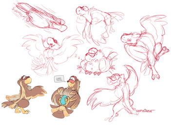 beak brown_body brown_feathers claws clothing egg feathers feet female flying hat headgear headwear hindpaw holding_egg holding_object lying motion_lines on_back open_beak open_mouth paws sleeping speech_bubble spread_wings standing text tongue wings conditional_dnp sefeiren avian bird english_text sketch