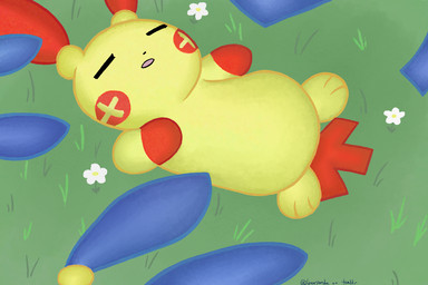 ambiguous_gender blue_body blue_fur eyes_closed feral flower fur grass group lying on_back open_mouth outside plant red_body red_fur simple_background sleeping solo_focus tail tan_body tan_fur white_flower lunarpanda8686 nintendo pokemon generation_3_pokemon mammal minun plusle pokemon_(species) 3:2 digital_media_(artwork)
