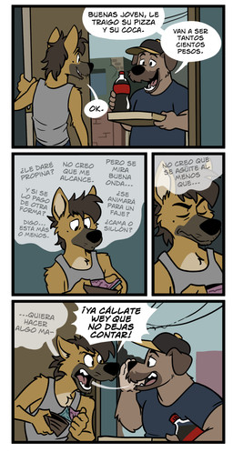 annoyed anthro banknote baseball_cap bottle box brown_body brown_fur clothing container delivery_(commerce) dialogue doorway duo eyes_closed food_delivery fur grey_clothing grey_shirt grey_topwear hat headgear headwear holding_bottle holding_box holding_container holding_money holding_object holding_pizza_box holding_wallet male markings mole_(marking) money open_door open_mouth pizza_box pizza_delivery shirt soda_bottle speech_bubble tank_top teasing text topwear whispering zurdomon canid canine canis domestic_dog mammal comic spanish_description spanish_text