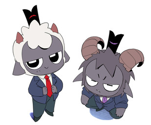 4_fingers ambiguous_gender angry annoyed anthro cheeky clothing crouching crown duo fingers fur half-closed_eyes headgear horn looking_at_viewer narrowed_eyes necktie purple_necktie red_necktie suit white_body white_fur white_wool wool_(fur) tugarabe cult_of_the_lamb massive_monster_(studio) goat_(cult_of_the_lamb) lamb_(cult_of_the_lamb) purple_crown_(cult_of_the_lamb) red_crown_(cult_of_the_lamb) bovid caprine goat humanoid mammal sheep 2025