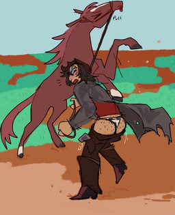 ambiguous_gender bottomwear bottomwear_down clothed clothing cowboy duo feral leash leash_pull male pants pants_down partially_clothed quadruped guncht equid equine horse human mammal hi_res