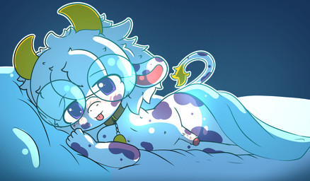 anthro bed erection furniture genitals lying male penis shota solo young littlecowgomoo littlemoo_(character) bovid bovine cattle mammal absurd_res alpha_channel hi_res