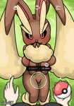 anthro arm_tuft big_breasts black_sclera blush breast_squish breasts brown_body brown_fur camera_view covering covering_mouth duo featureless_crotch female first_person_view fur gameplay_mechanics looking_at_viewer motion_lines pokeball pubic_mound red_eyes smile squish tan_body tan_fur text tuft wrist_tuft friita nintendo pokemon pokemon_go pokemon_trainer generation_4_pokemon human lopunny mammal pokemon_(species) 2023 hi_res signature translated