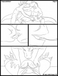 2007 agro_antirrhopus_(character) agroalba anthro black_and_white black_border border bottomwear bulge clothing comic digital_drawing_(artwork) digital_media_(artwork) duo english_text kissing lizard male male/male monochrome pants reptile scalie simple_background text tongue white_background