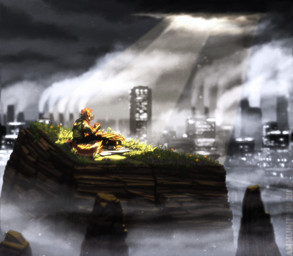 anthro backpack bedding biped blanket city cityscape clothed clothing cloud container cup eyes_closed flower grass hair male outside plant rock sitting sky smile smog smoke solo fighterjet canid canine fox mammal