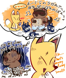 alcohol anthro belly beverage blush bottle boxers_(clothing) brown_body brown_fur clothing container dancing dialogue drunk duo fur humor male male/male orange_body orange_fur pupils slightly_chubby slit_pupils substance_intoxication text underwear shandrawaka animal_crossing nintendo crazy_redd tom_nook_(animal_crossing) canid canine fox mammal raccoon_dog tanuki comic english_text hi_res translation_request