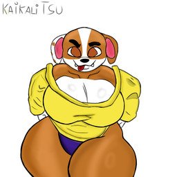 anthro big_breasts big_butt breasts brown_body brown_eyes butt clothing crossgender female front_view looking_at_viewer multicolored_body panties purple_clothing purple_panties purple_underwear shirt slightly_chubby slightly_chubby_female solo sweater text thick_thighs tongue tongue_out topwear two_tone_body underwear voluptuous_female yellow_clothing yellow_shirt yellow_sweater yellow_topwear kaikalitsu paw_patrol rubble_(paw_patrol) canid canine mammal 1:1 absurd_res artist_name digital_drawing_(artwork) digital_media_(artwork) english_text hi_res shaded