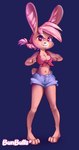 absurd_res anthro bandanna bottomwear breasts bun_butts clothing country fan_character female hair hi_res kerchief lagomorph leporid looking_at_viewer mammal ponytail rabbit shorts solo standing